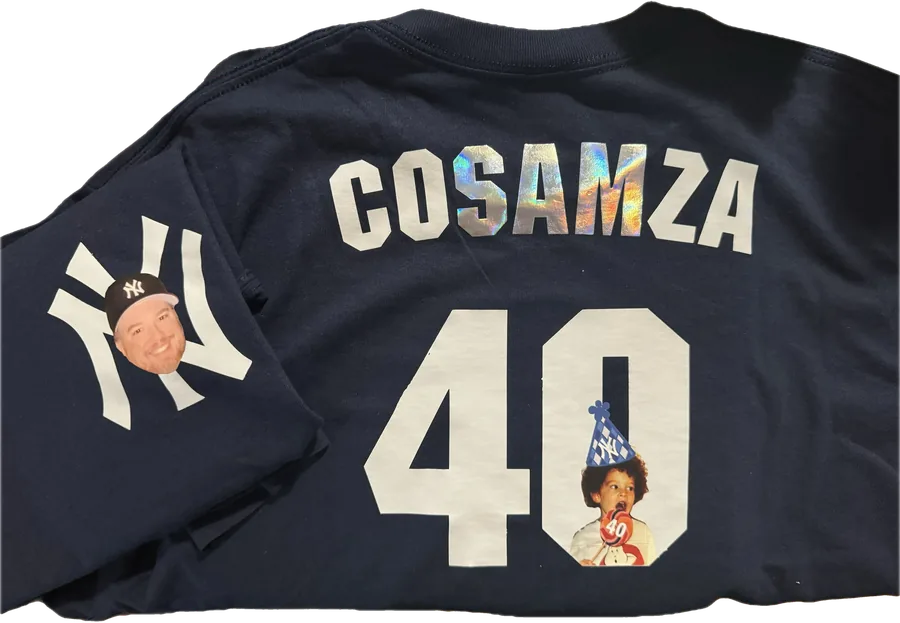 A navy baseball-style tee customized with a surname, the number 40, and small photographed faces worked into the lettering.