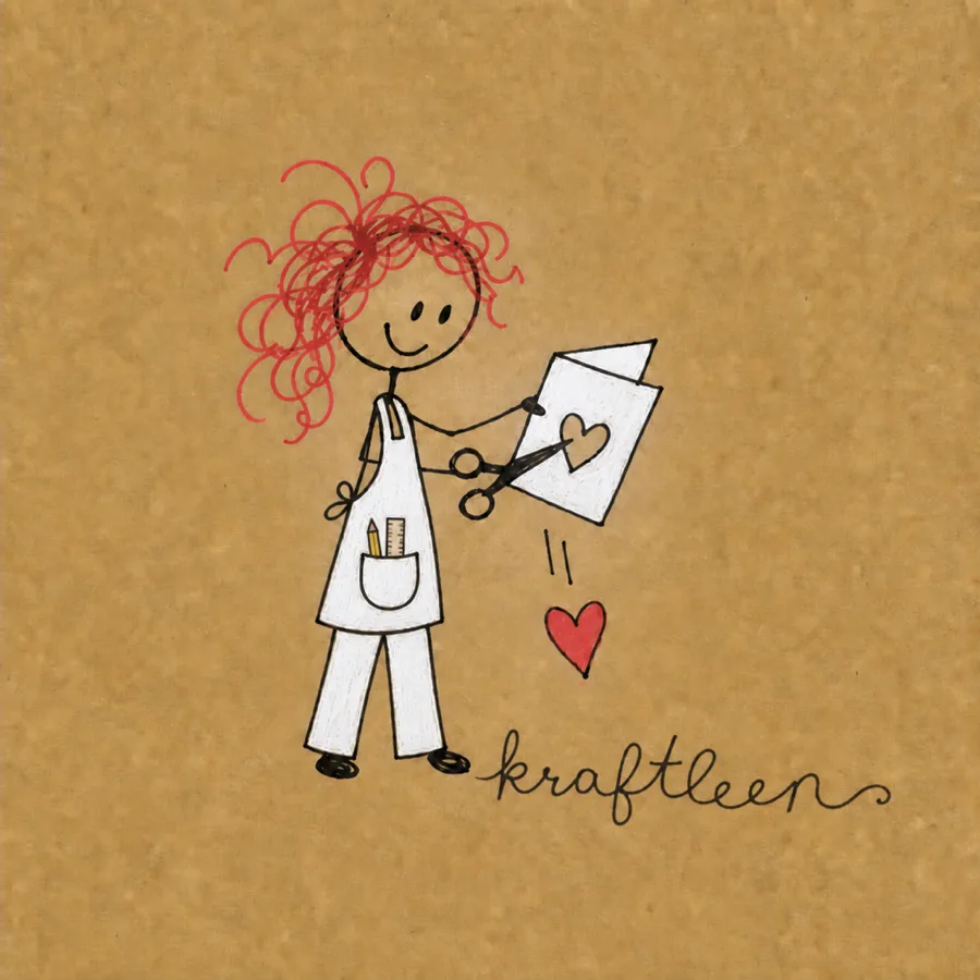 The Kraftleen mascot: a stick figure in a craft apron with a pencil and ruler in the pocket, red scribble hair under a navy baseball cap, cutting a red heart out of a folded card. Her name is written in cursive thread by her feet.